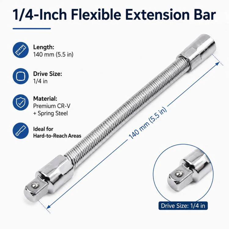 1/4-Inch Drive Flexible Extension Bar 140mm Spring Steel Socket Extension Shaft Flexible Socket Adapter(Silver) - Image 3