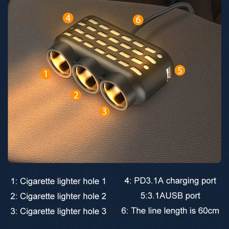 1 To 3 12V/24V Car Cigarette Lighter Charger Multi-function Seven-color Light(120W) - Image 6