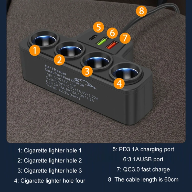 1 to 4 Q3.0 Car Cigarette Lighter Fast Charging 120W Car Conversion Plug(BY-1369) - Image 5