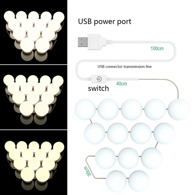 10  LEDs Mirror Front Light Dimmable Makeup Mirror USB Touch Control Light - Image 8