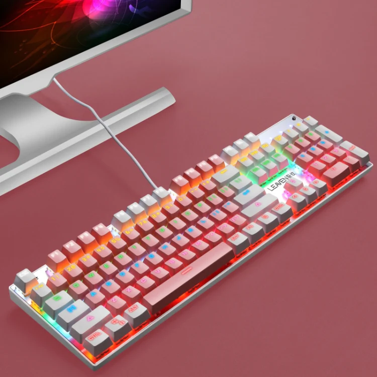 104 Keys Green Shaft RGB Luminous Keyboard Computer Game USB Wired Metal Mechanical Keyboard, Cabel Length:1.5m, Style: Double Imposition Version (White Pink) - Image 2