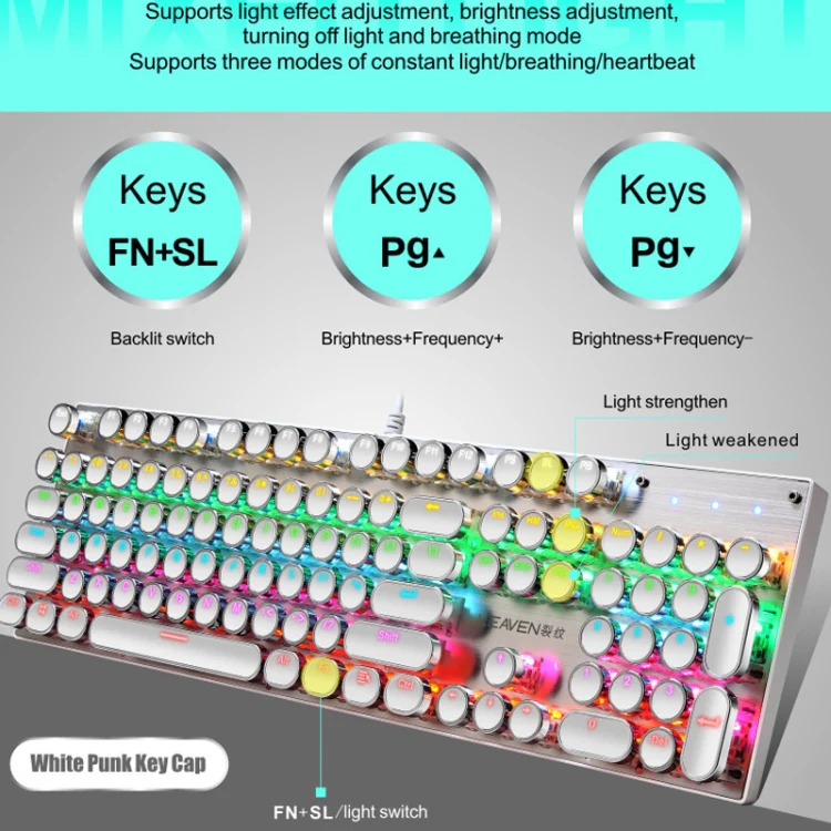 104 Keys Green Shaft RGB Luminous Keyboard Computer Game USB Wired Metal Mechanical Keyboard, Cabel Length:1.5m, Style: Punk Word Through Version (White) - Image 7