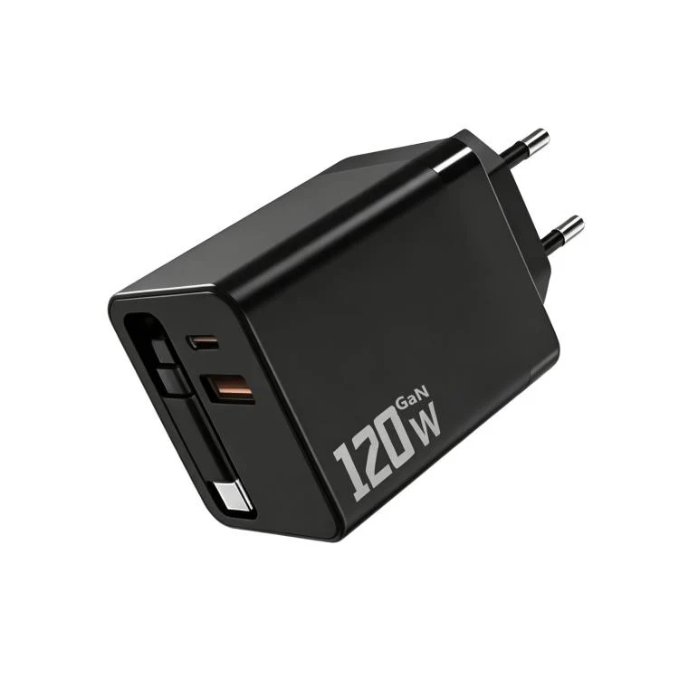 120W GaN Wall Charger with Built-in Retractable USB-C Cable 3-Port Fast Charging Block EU Plug(Black)