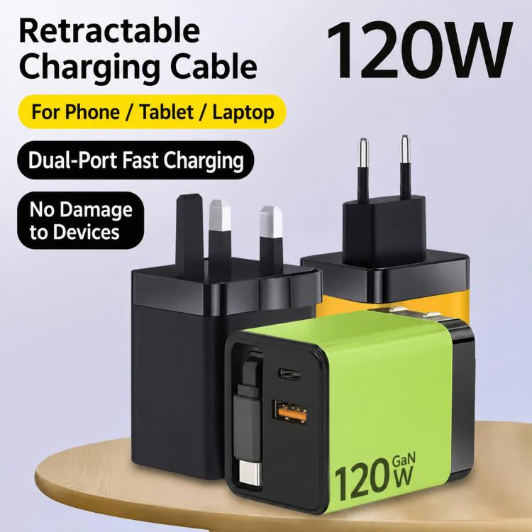 120W GaN Wall Charger with Built-in Retractable USB-C Cable 3-Port Fast Charging Block EU Plug(Black) - Image 2