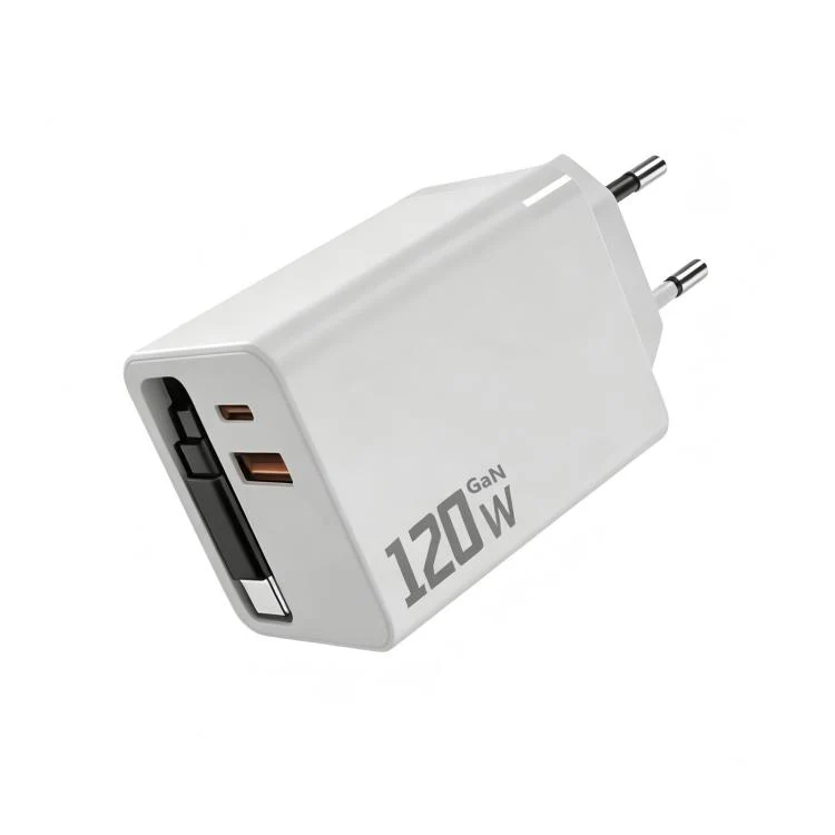 120W GaN Wall Charger with Built-in Retractable USB-C Cable 3-Port Fast Charging Block EU Plug(White)
