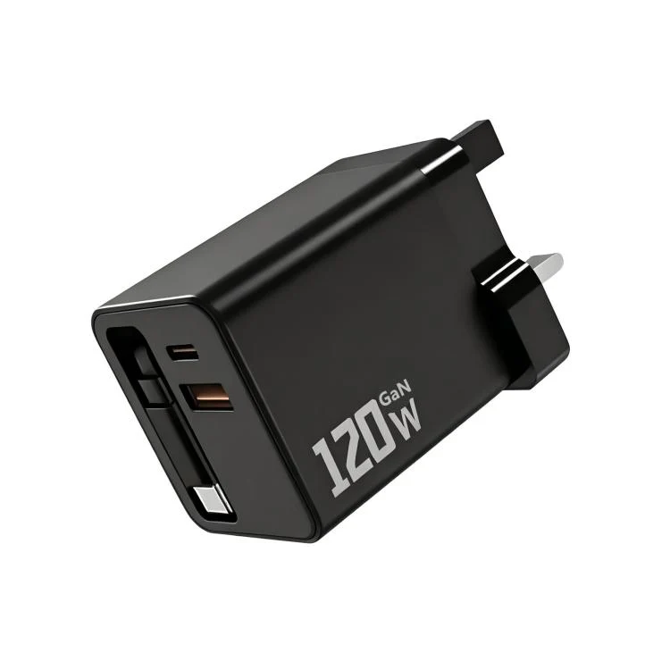 120W GaN Wall Charger with Built-in Retractable USB-C Cable 3-Port Fast Charging Block UK Plug(Black)