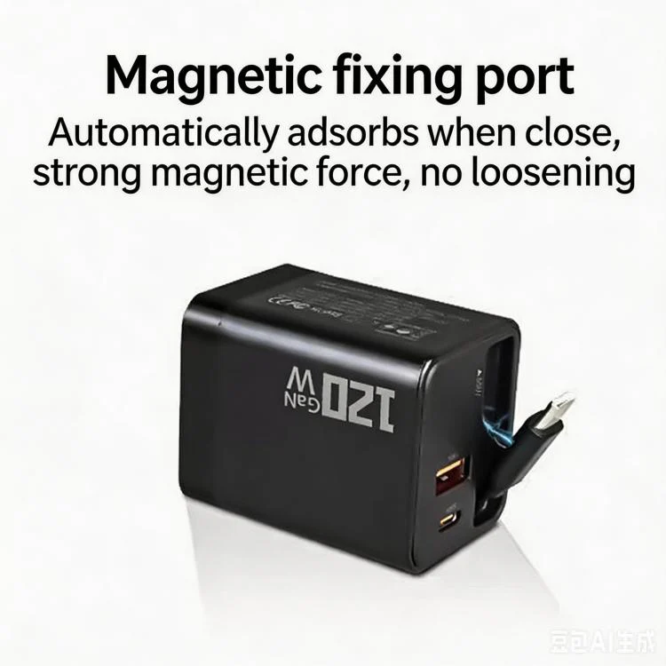 120W GaN Wall Charger with Built-in Retractable USB-C Cable 3-Port Fast Charging Block UK Plug(Black) - Image 5