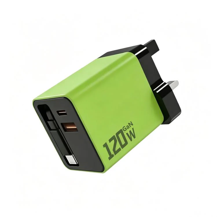 120W GaN Wall Charger with Built-in Retractable USB-C Cable 3-Port Fast Charging Block UK Plug(Green)