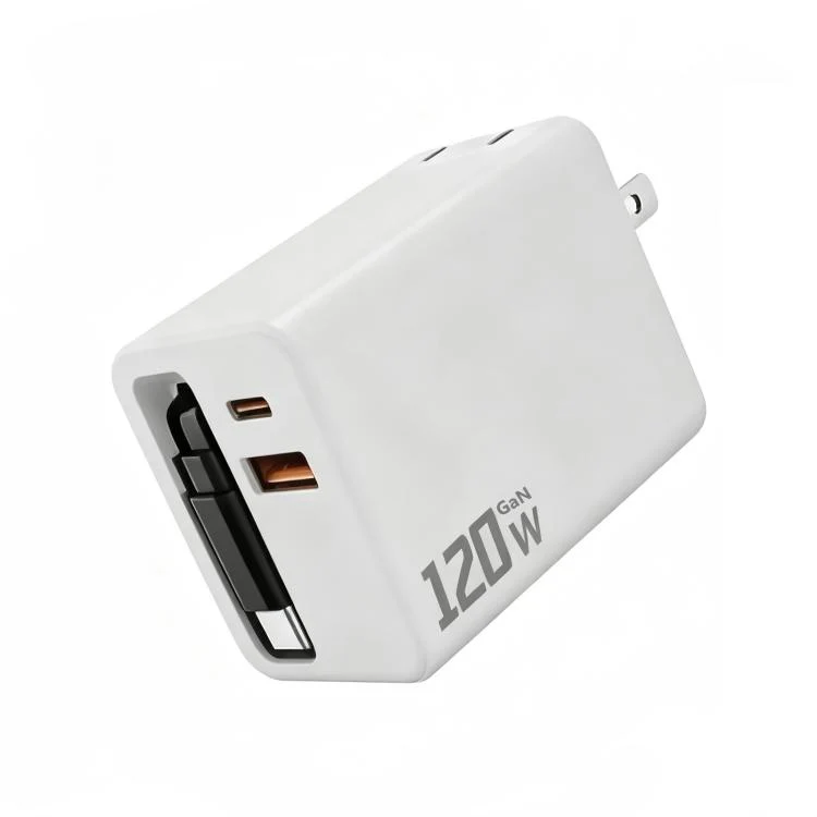 120W GaN Wall Charger with Built-in Retractable USB-C Cable 3-Port Fast Charging Block US Plug(White)