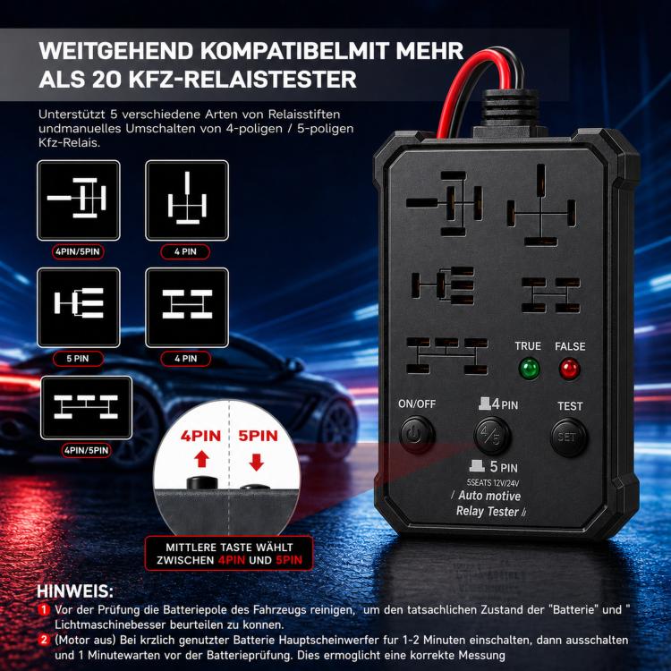 12V 24V Automotive Relay Tester 5-Socket Universal 4-Pin & 5-Pin Auto Relay Diagnostic Tool(Black) - Image 3