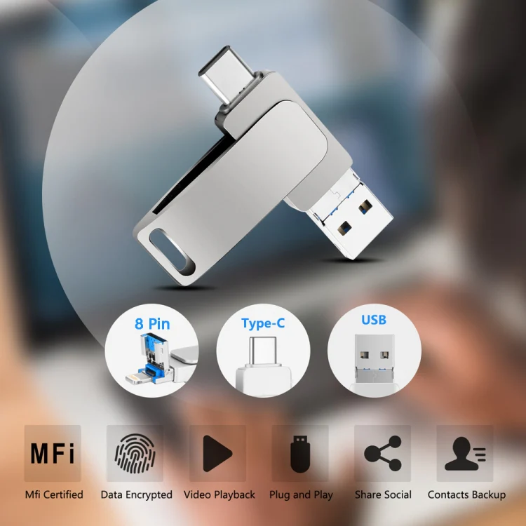 16 GB USB 3.0 + 8 Pin + USB-C / Type-C 3 in 1 Phone Computer Metal Rotatable U-Disk(Black) - Image 4