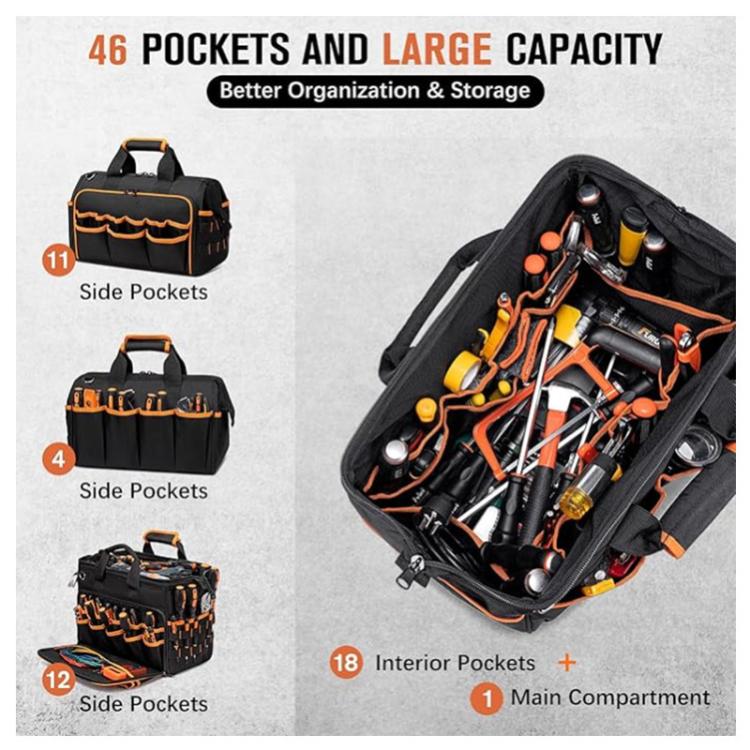 17-inch Heavy-Duty Tool Bag Portable Tote with 46-Pocket Organization, Non-Slip Rubber Base & Shoulder Strap(Black) - Image 3