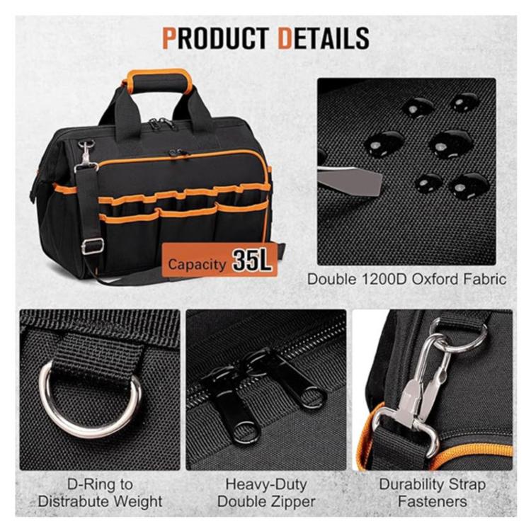 17-inch Heavy-Duty Tool Bag Portable Tote with 46-Pocket Organization, Non-Slip Rubber Base & Shoulder Strap(Black) - Image 6
