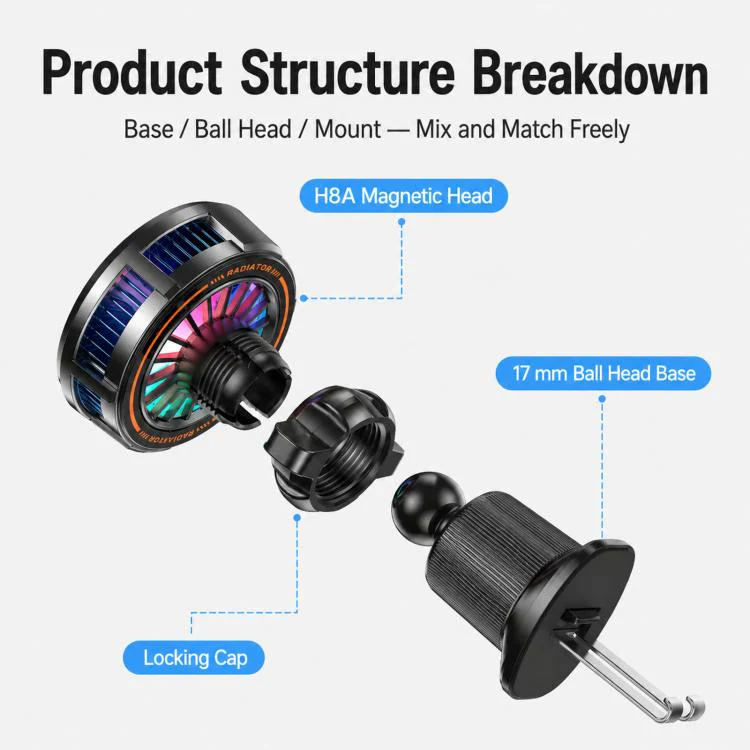 17mm Ball Joint Magnetic Phone Cooler 3-Speed Semiconductor Cooling Fan with Desktop Live Stand A124 - Image 6