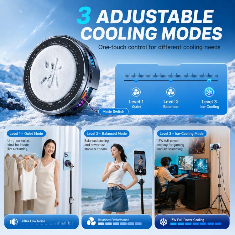 17mm Ball Joint Magnetic Phone Cooler 3-Speed Semiconductor Cooling Fan with Floor Tripod KP002 - Image 5