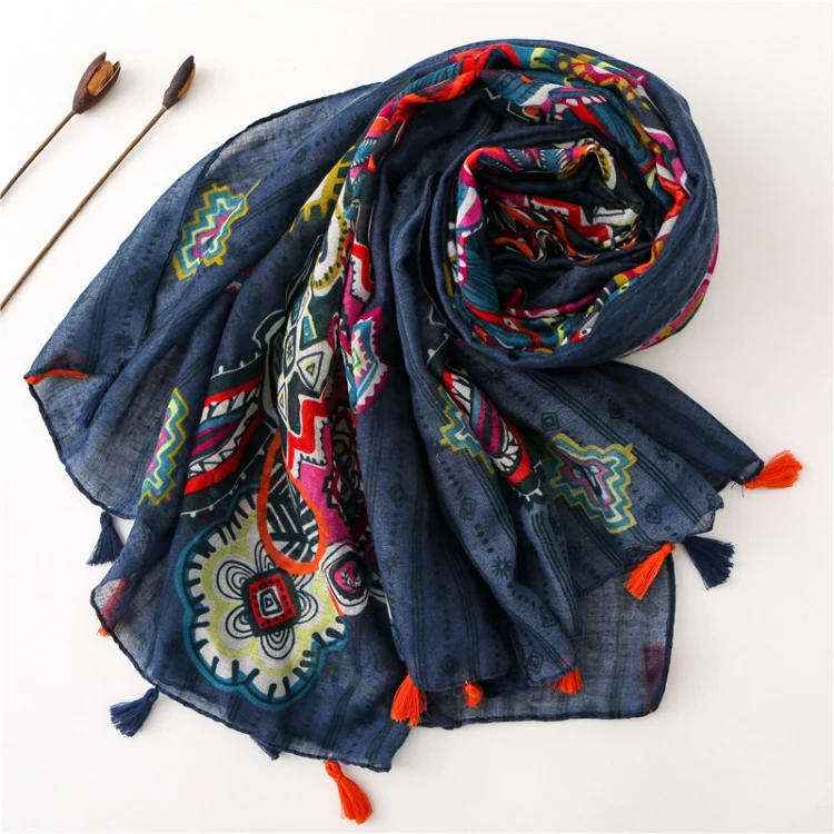 180 X 85cm  Women Cotton And Linen Scarf Retro Splicing Bohemian Printed Silk Shawl SL1903-100 - Image 2