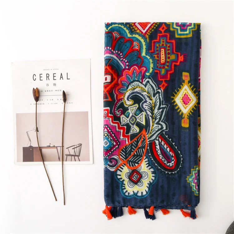 180 X 85cm  Women Cotton And Linen Scarf Retro Splicing Bohemian Printed Silk Shawl SL1903-100 - Image 3