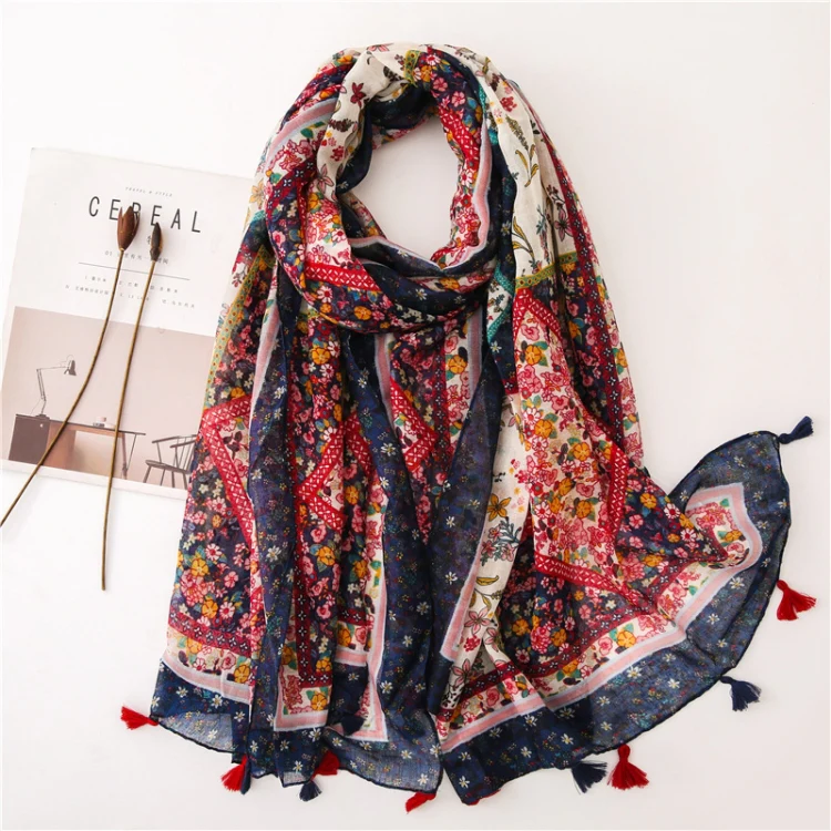 180 X 85cm  Women Cotton And Linen Scarf Retro Splicing Bohemian Printed Silk Shawl SL1906-022