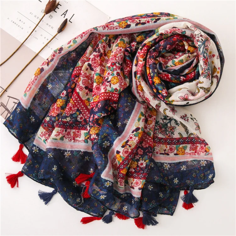 180 X 85cm  Women Cotton And Linen Scarf Retro Splicing Bohemian Printed Silk Shawl SL1906-022 - Image 2