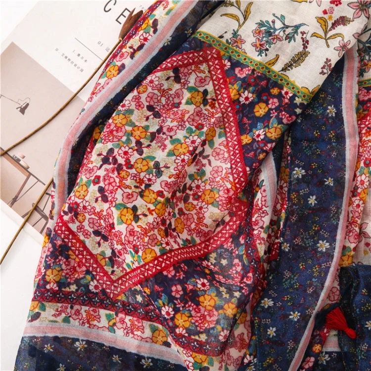 180 X 85cm  Women Cotton And Linen Scarf Retro Splicing Bohemian Printed Silk Shawl SL1906-022 - Image 5