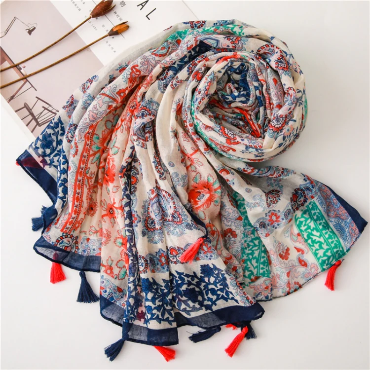 180 X 85cm  Women Cotton And Linen Scarf Retro Splicing Bohemian Printed Silk Shawl SL1906-052 - Image 2