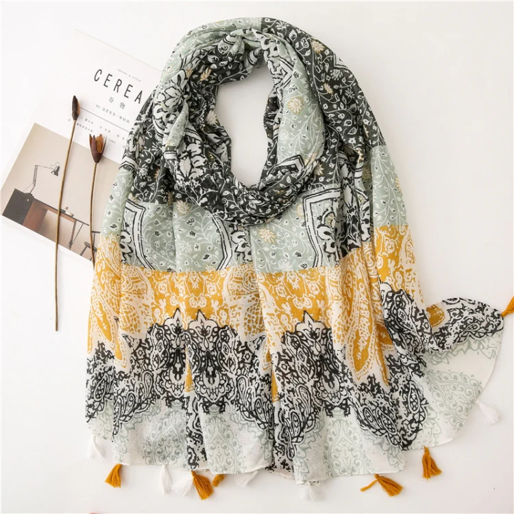 180 X 85cm Women Cotton And Linen Scarf Retro Splicing Bohemian Printed Silk Shawl SL1909-009