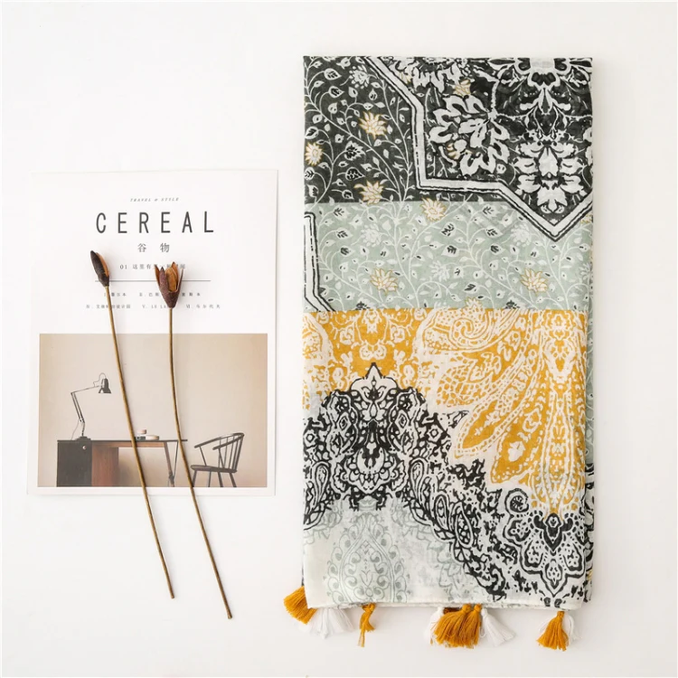 180 X 85cm Women Cotton And Linen Scarf Retro Splicing Bohemian Printed Silk Shawl SL1909-009 - Image 3