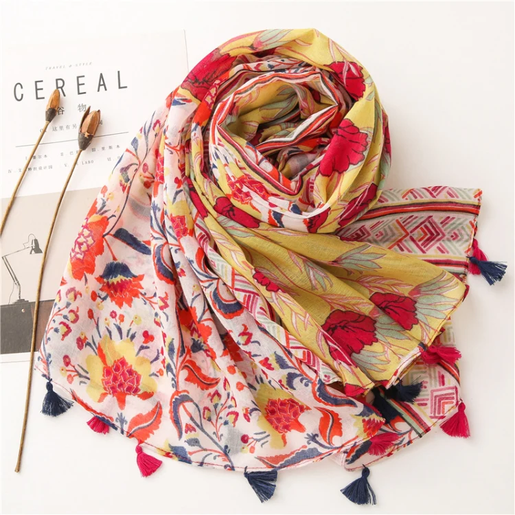 180 X 85cm  Women Cotton And Linen Scarf Retro Splicing Bohemian Printed Silk Shawl SL2008-005 Yellow - Image 2