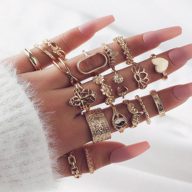 19pcs /Set Vintage Heart Flower Chain Ring Set(7015) - Image 4