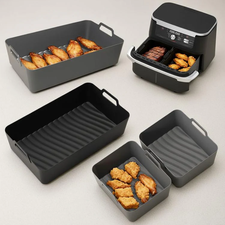 2-in-1 Model Silicone Air Fryer Liners for Ninja Foodi Dual AF500 / DZ071 Reusable Rectangular Baking Tray with Handles(Black) - Image 2