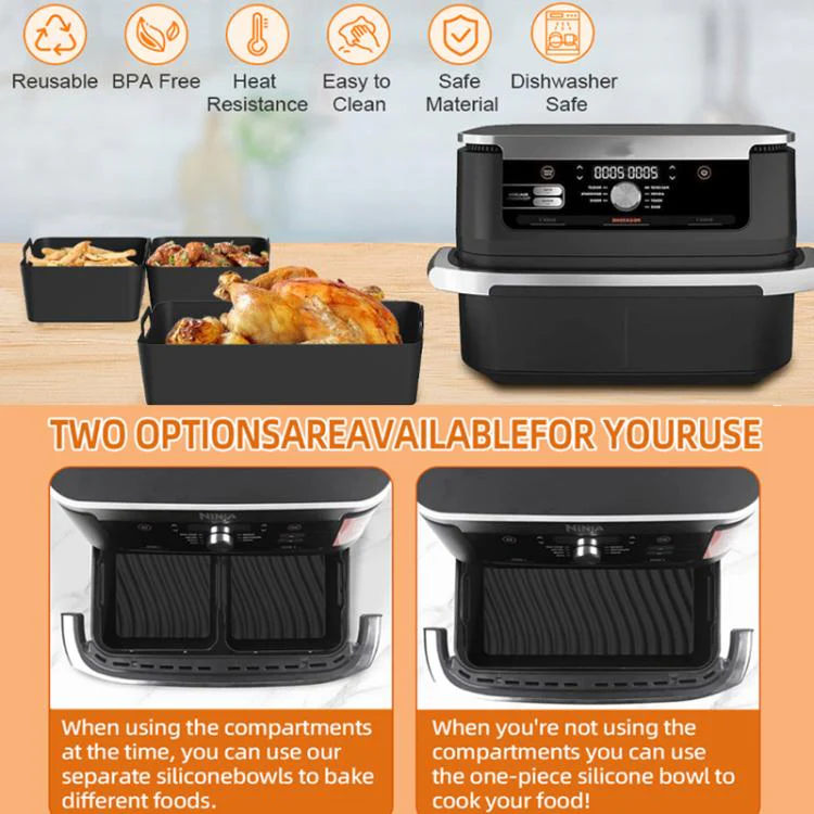 2-in-1 Model Silicone Air Fryer Liners for Ninja Foodi Dual AF500 / DZ071 Reusable Rectangular Baking Tray with Handles(Black) - Image 3
