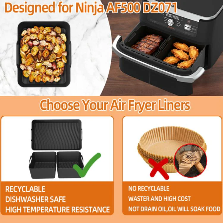 2-in-1 Model Silicone Air Fryer Liners for Ninja Foodi Dual AF500 / DZ071 Reusable Rectangular Baking Tray with Handles(Gray) - Image 4