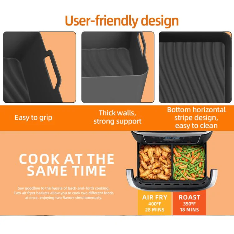 2-in-1 Model Silicone Air Fryer Liners for Ninja Foodi Dual AF500 / DZ071 Reusable Rectangular Baking Tray with Handles(Gray) - Image 5