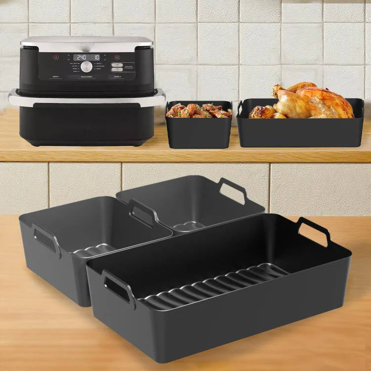 2-in-1 Model Silicone Air Fryer Liners for Ninja Foodi Dual AF500 / DZ071 Reusable Rectangular Baking Tray with Handles(Gray) - Image 6