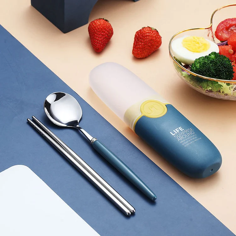 2 in 1 Simple Child Student Travel Portable 304 Stainless Steel Spoon Chopsticks Cutlery Set(Blue)
