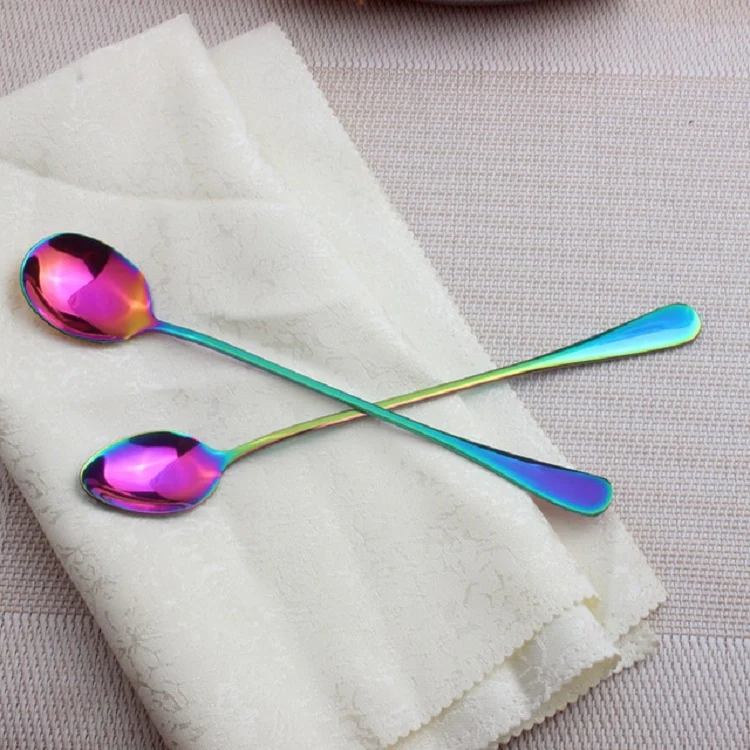 2 PCS Stainless Steel Rainbow Long Handled Coffee Scoops Cold Drink Stirring Spoon for Dessert Cake, Style:Sharp Spoon(Colorful) - Image 3