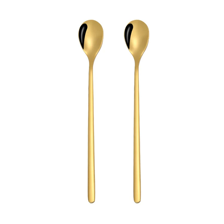 2 PCS Stainless Steel Spoon Creative Coffee Spoon Bar Ice Spoon Gold Plated Long Stirring Spoon, Style:Round Spoon, Color:Gold