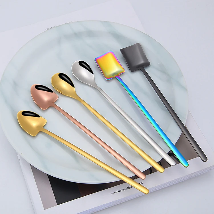 2 PCS Stainless Steel Spoon Creative Coffee Spoon Bar Ice Spoon Gold Plated Long Stirring Spoon, Style:Round Spoon, Color:Gold - Image 5