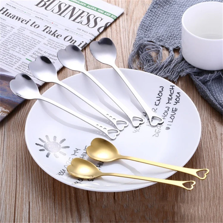 2 PCS Stainless Steel Spoon Portable Metal Coffee Teaspoon Creative Love Heart Shaped Wedding Party Gift Dinnerware, Color:Gold Single Hole Love - Image 3