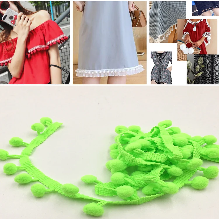 20 Yards Pompom Lace Ribbon Fur Ball Trim For Craft DIY Curtain Home Decorative Clothes Sewing Accessories(Fluorescent Green)