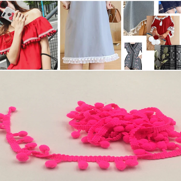 20 Yards Pompom Lace Ribbon Fur Ball Trim For Craft DIY Curtain Home Decorative Clothes Sewing Accessories(Fluorescent Rose Red)