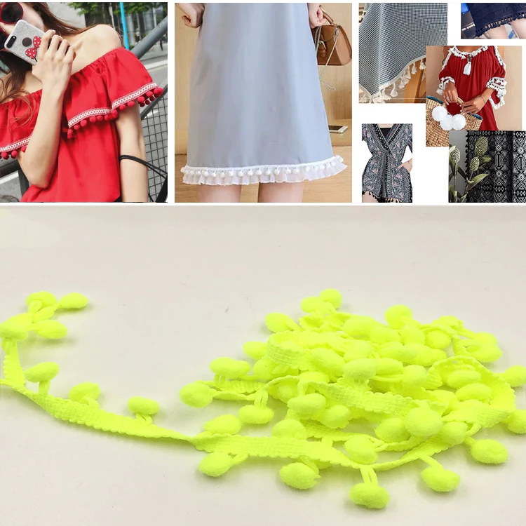 20 Yards Pompom Lace Ribbon Fur Ball Trim For Craft DIY Curtain Home Decorative Clothes Sewing Accessories(Fluorescent Yellow)