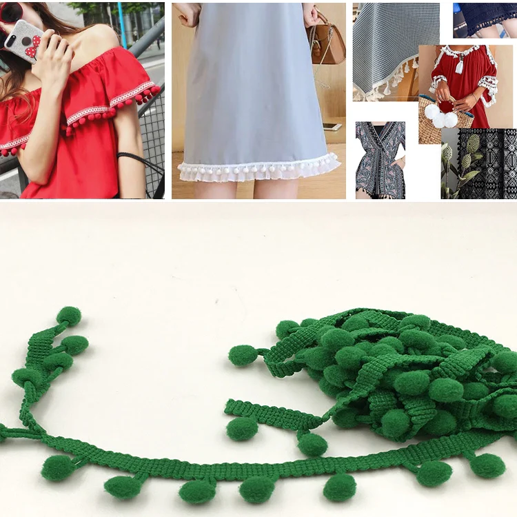 20 Yards Pompom Lace Ribbon Fur Ball Trim For Craft DIY Curtain Home Decorative Clothes Sewing Accessories(Green)
