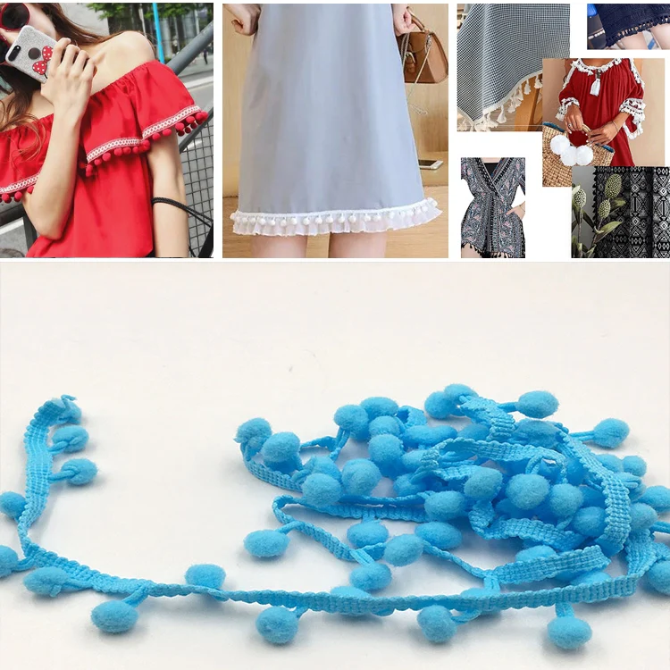 20 Yards Pompom Lace Ribbon Fur Ball Trim For Craft DIY Curtain Home Decorative Clothes Sewing Accessories(Lake Blue)