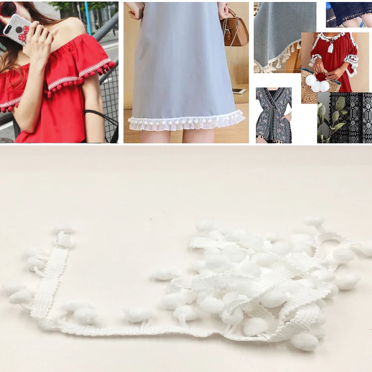 20 Yards Pompom Lace Ribbon Fur Ball Trim For Craft DIY Curtain Home Decorative Clothes Sewing Accessories(White)