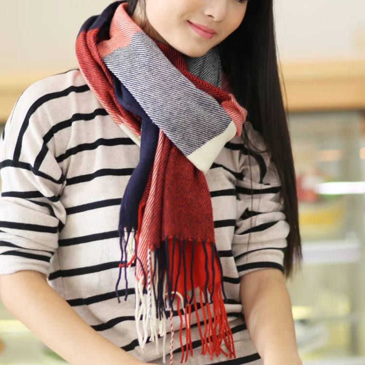 200cm Winter Plaid Faux Cashmere Scarf Women Versatile Double-sided Long Warm Soft Scarf Shawl(Pink Green) - Image 5