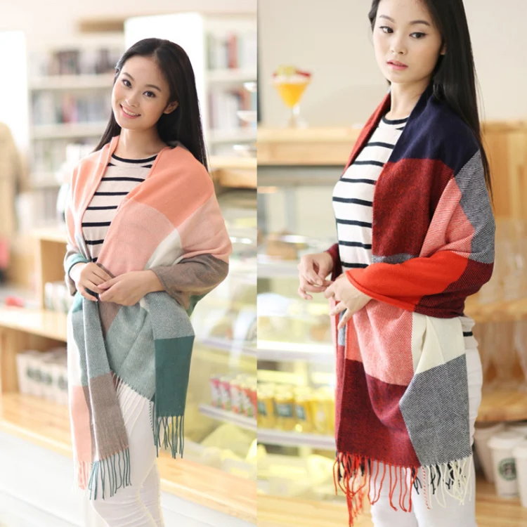 200cm Winter Plaid Faux Cashmere Scarf Women Versatile Double-sided Long Warm Soft Scarf Shawl(Red Blue) - Image 3