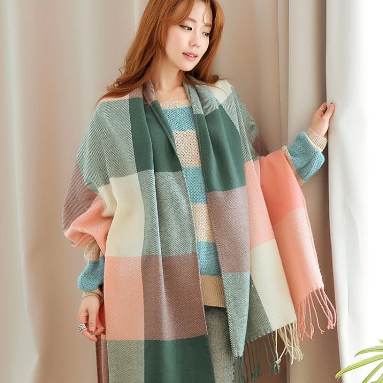 200cm Winter Plaid Faux Cashmere Scarf Women Versatile Double-sided Long Warm Soft Scarf Shawl(Red Blue) - Image 4