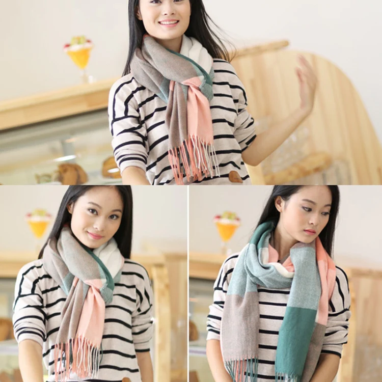200cm Winter Plaid Faux Cashmere Scarf Women Versatile Double-sided Long Warm Soft Scarf Shawl(Red Blue) - Image 6
