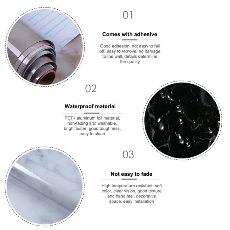 215421210W 5m Marble Pattern Bright Paint Furniture Renovation Self-Adhesive Wall Paper Cabinet Waterproof Film(Black) - Image 3